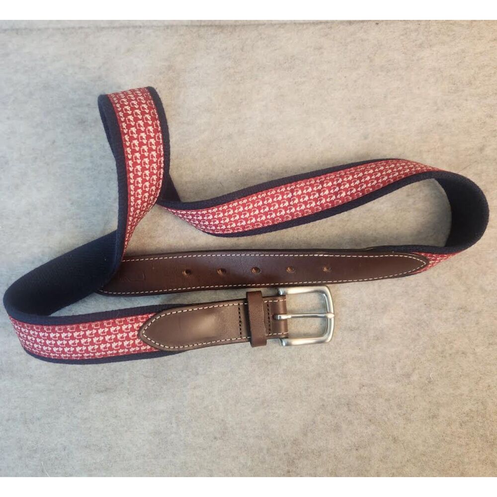 Vineyard Vines Red Golf Card Motif & Brown Leather Belt Size 38